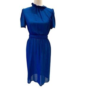💙🌷Beautiful Vintage Leslie Fay Blue High Neck Short Sleeve Midi Dress